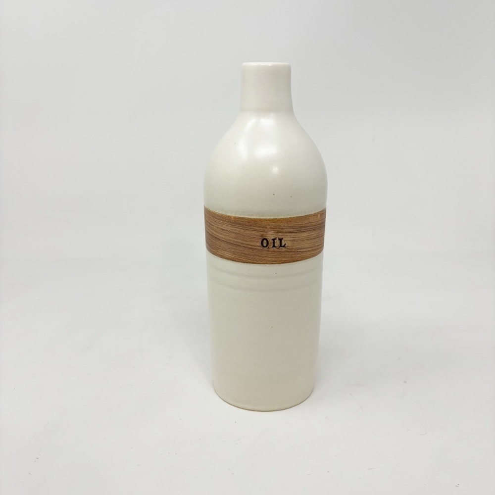FAH Hand Thrown Oil Cruet Pottery Signed 8.5” X 2.75” Ivory Wood Grain